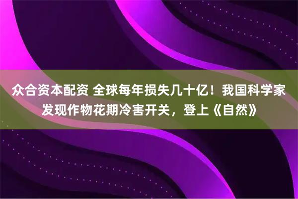 众合资本配资 全球每年损失几十亿！我国科学家发现作物花期冷害开关，登上《自然》